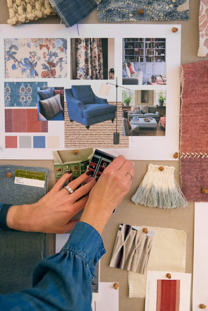 Moodboard för inredningsprojekt med tyger, kulörer och rumsbilder – designprocess hos Caspar & Co